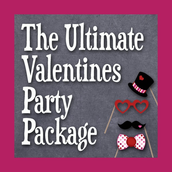 The Ultimate Valentines Day Party Package - Includes Printable Photo Booth Prop Sets, Bingo Cards, Crossword Puzzle and Word Search