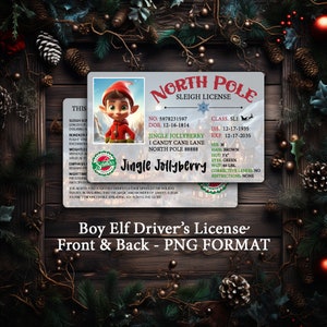 Sublimatieontwerp jongenselflicentie - rijbewijs Elf PNG-bestand - kerstelf-ID - kerstverrassing - licentie kerstman