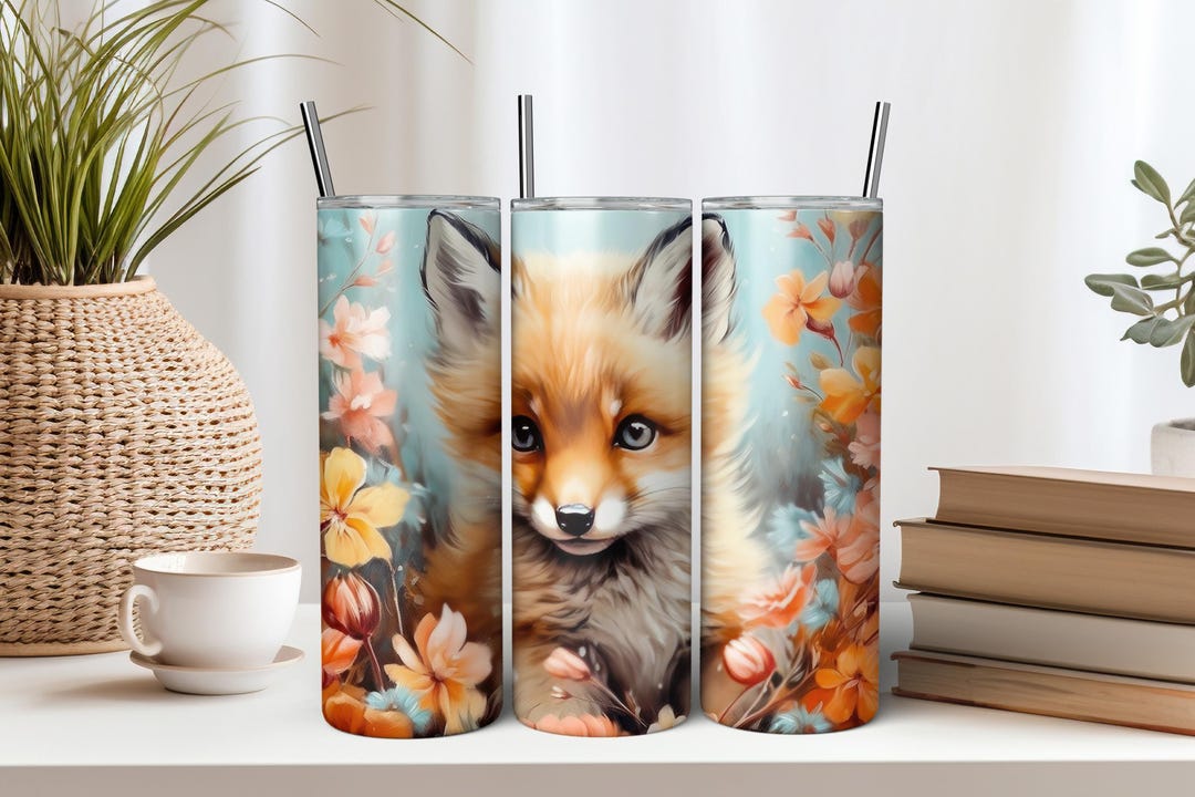 Baby Fox and Flowers 20 Oz Skinny Tumbler Sublimation Design - Instant ...