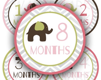 Elephant Baby Girl Monthly Milestone Images - Printable - Digital Collage Sheet  - 4 inch Round Circles - INSTANT DOWNLOAD