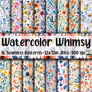 May include: A set of 16 watercolor floral patterns, each featuring a different design with flowers, leaves, and birds. The patterns are seamless and can be used for a variety of projects, such as scrapbooking, card making, and digital design. The patterns are 12x12 inches and 300 dpi.