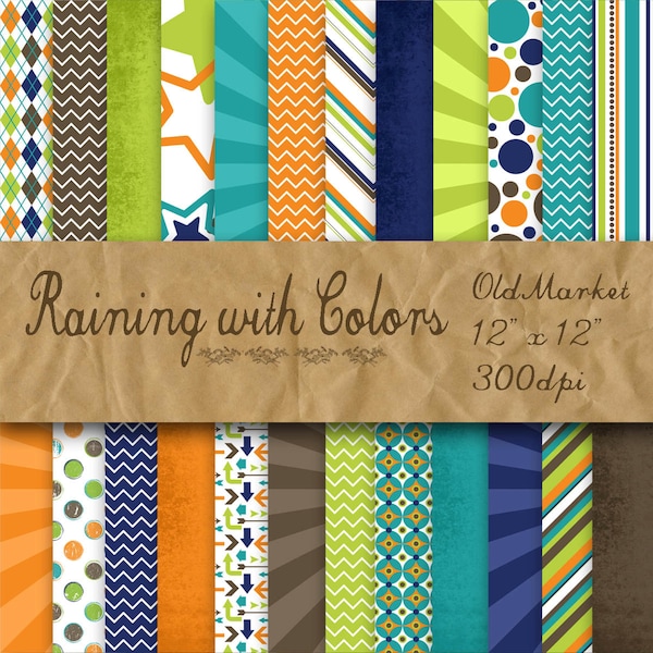 Raining with Colors in Blue, Brown, Green and Orange Digital Paper Pack - 24 Colors - 12inx12in - Commercial Use - INSTANT DOWNLOAD