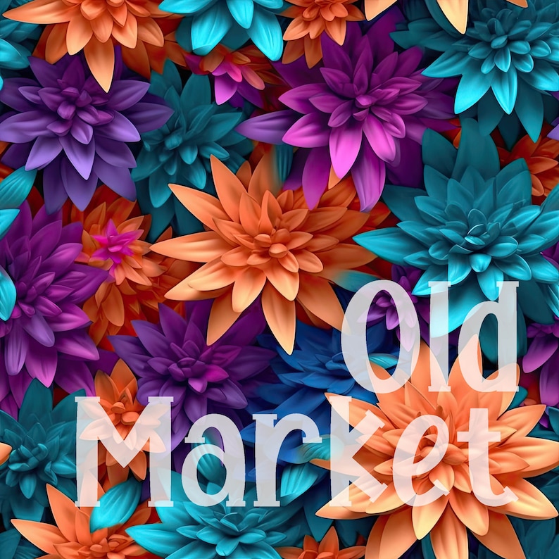 Op de afbeelding: Een kleurrijk bloemenpatroon met de tekst "Old Market" in witte letters.