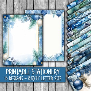 Carta da lettere natalizia blu stampabile - Carta da lettere natalizia - Intestazioni - 16 design - 8,5 x 11 pollici - Uso commerciale