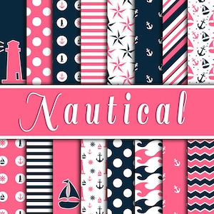 Nautical Digital Paper - Pink and Navy Blue Backgrounds and Designs - 16 Designs - 12in x 12in - Commercial Use - INSTANT DOWNLOAD