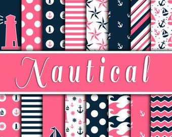 Papel digital náutico - Fondos y diseños en rosa y azul marino - 16 diseños - 12 x 12 pulgadas - Uso comercial - DESCARGA INMEDIATA