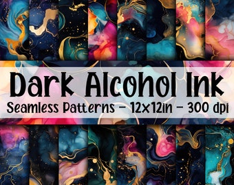 Dark Alcohol Ink SEAMLESS Patterns - Alcohol Ink Digital Paper - 16 Designs - 12x12in - Commercial Use - Alcohol Ink on Black Backgrounds
