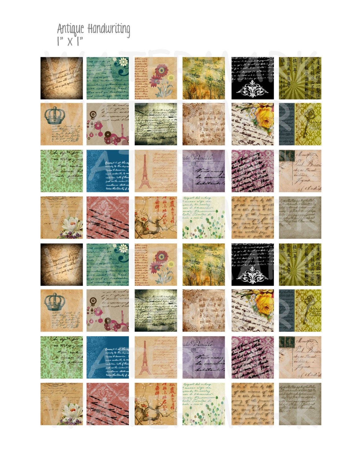 Antique Handwriting - Digital Collage Sheet - 1 Inch (1 X 1) - INSTANT ...