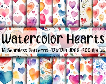 Aquarelle Hearts SEAMLESS Patterns - Hearts Digital Paper - 16 Designs - 12x12in - Utilisation commerciale - Heart Patterns