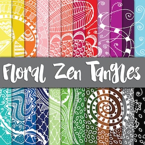 Floral Zentangles Digital Paper - Colorful Flower Backgrounds - 24 Colors - 12in x 12in - Commercial Use-INSTANT DOWNLOAD