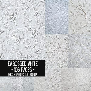 Puede incluir: Una colección de papeles digitales blancos con varios patrones florales y botánicos en relieve. El texto EMBOSSED WHITE - 106 PAGES - 3600 X 5400 PIXELS - 300 DPI aparece en un recuadro negro sobre el patrón de rosas texturizado.
