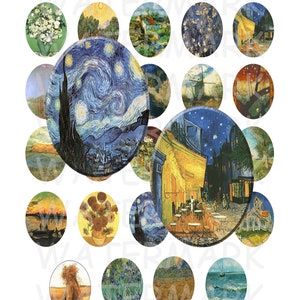 Vincent van Gogh-schilderijen - digitaal collageblad - 30 x 40 mm ovalen - INSTANT DOWNLOAD