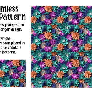Op de afbeelding: Een naadloos patroon met verschillende kleurrijke bloemen in tinten turquoise, roze, oranje en wit. De bloemen zijn gerangschikt in een herhalend patroon, wat een levendig en vrolijk ontwerp cre&euml;ert.