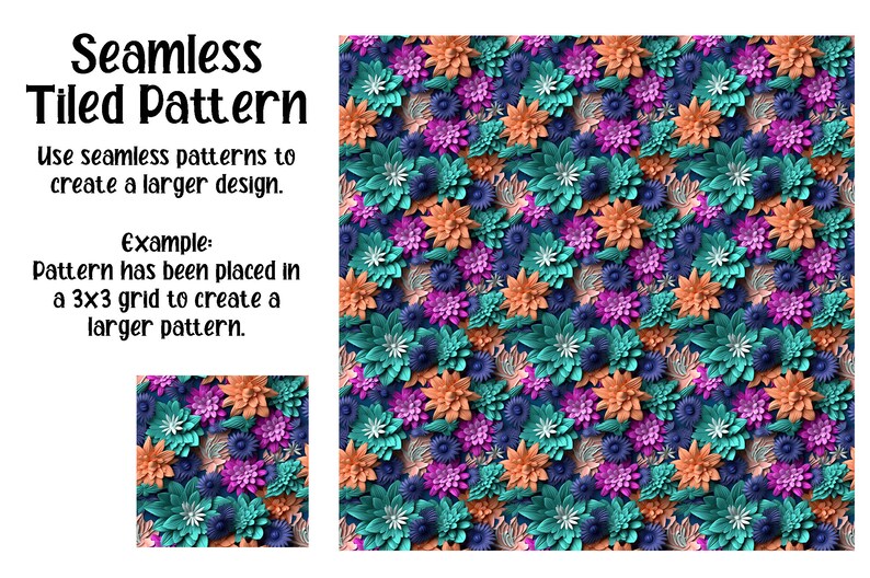 Op de afbeelding: Een naadloos patroon met verschillende kleurrijke bloemen in tinten turquoise, roze, oranje en wit. De bloemen zijn gerangschikt in een herhalend patroon, wat een levendig en vrolijk ontwerp cre&euml;ert.