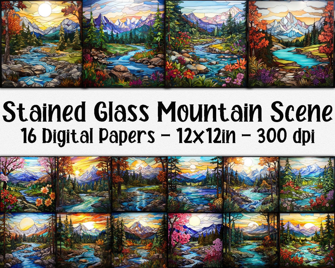 Stained Glass Mountain Scenes Digital Papers Mountains Stained Glass