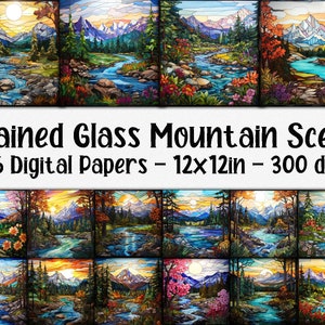 Puede incluir: Un conjunto de 16 papeles digitales con escenas de montaña de estilo vitral con ríos, árboles y flores en colores vibrantes. Cada papel mide 30,5 x 30,5 cm y 300 dpi.