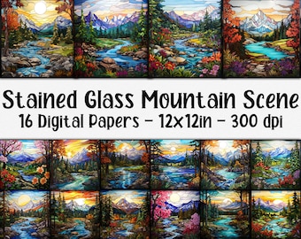 Stained Glass Mountain Scenes Digital Papers - Mountains Stained Glass Backgrounds - 16 Designs - 12in x 12in - Commercial Use
