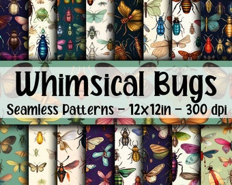 Whimsical Bugs SEAMLESS Patterns - Whimsical Bugs Digital Paper -  16 Designs - 12x12in - Commercial Use - Whimsical Insects Sublimation