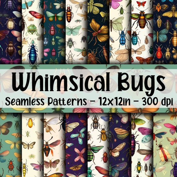 Whimsical Bugs SEAMLESS Patterns - Whimsical Bugs Digital Paper -  16 Designs - 12x12in - Commercial Use - Whimsical Insects Sublimation
