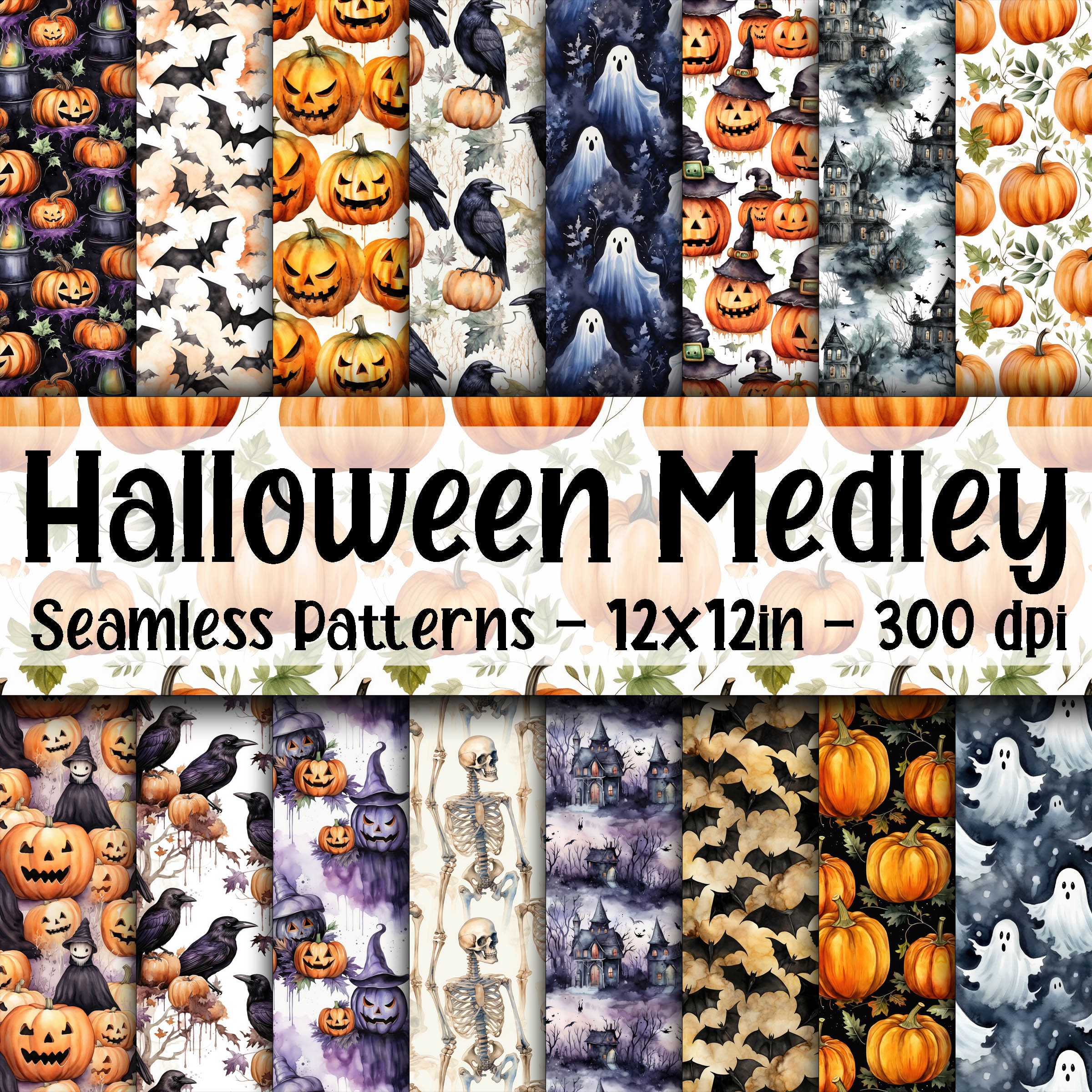 Halloween Digital Paper, Seamless Witch and Skull Gothic Patterns Black and  White Printable Scrapbook Paper Commercial Use 