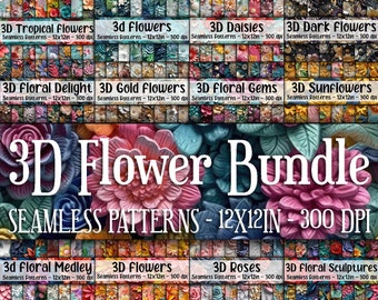 3D Flowers Digital Paper Bundle - Includes 192 Digital Papers - Seamless 3D Flower Patterns -  12x12in - Commercial Use - Floral Sublimation