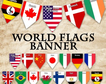 Banner imprimible de banderas del mundo - Incluye 137 banderas con nombres - Banner imprimible - Bunting imprimible - Guirnalda imprimible - Descarga instantánea