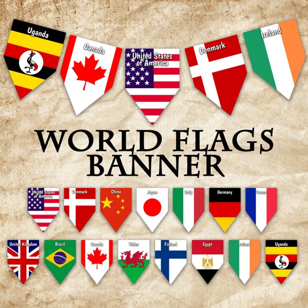 World Flags Printable Banner - Includes 137 flags with names - Printable Banner - Printable Bunting - Printable Garland - Instant Download