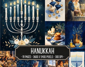 May include: A digital collection of Hanukkah-themed illustrations featuring a silver menorah with lit candles, dreidels, latkes, and family scenes. The text reads HANUKKAH, 111 PAGES, 3600 X 5400 PIXELS, 300 DPI. The artwork uses a deep blue and gold palette.