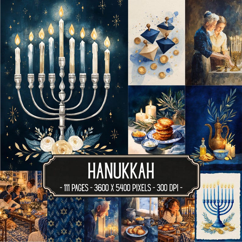 May include: A digital collection of Hanukkah-themed illustrations featuring a silver menorah with lit candles, dreidels, latkes, and family scenes. The text reads HANUKKAH, 111 PAGES, 3600 X 5400 PIXELS, 300 DPI. The artwork uses a deep blue and gold palette.