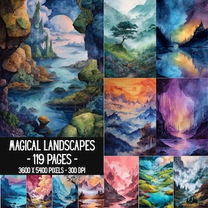 Può includere: Una collezione digitale di 119 pagine intitolata MAGICAL LANDSCAPES - 119 PAGES - 3600 X 5400 PIXELS - 300 DPI, che presenta varie illustrazioni in stile acquerello di montagne, foreste, fiumi e cieli celestiali in vivaci tavolozze di colori.