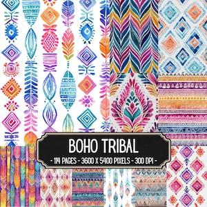 May include: A digital collection of watercolor patterns featuring vertical stripes of feathers, diamonds, and geometric shapes in vibrant colors. A black rectangular label displays the text BOHO TRIBAL - 114 PAGES - 3600 X 5400 PIXELS - 300 DPI.