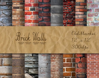 Brick Walls Digital Paper - Brick Textures - 16 Designs - 12in x 12in - Commercial Use - INSTANT DOWNLOAD