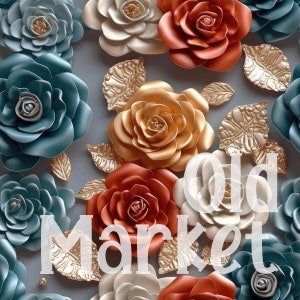 May include: A collection of large, paper flowers in shades of teal, gold, white, and rust. The flowers are arranged in a random pattern and have a textured, layered appearance. The text "Old Market" is superimposed on the image.