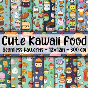 Süße Kawaii Lebensmittel NAhtlose Muster - Süßes Kawaii Essen Digitales Papier - 16 Designs - 12 x 12 Zoll - Kommerzielle Nutzung - Süßes Kawaii Essen Sublimation