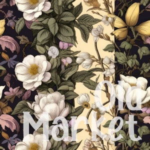 May include: A seamless pattern featuring white and cream flowers with green leaves on a black background. The pattern is repeated on a cream background with white flowers and green leaves.