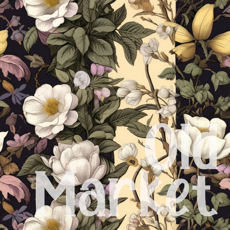 May include: A seamless pattern featuring white and cream flowers with green leaves on a black background. The pattern is repeated on a cream background with white flowers and green leaves.