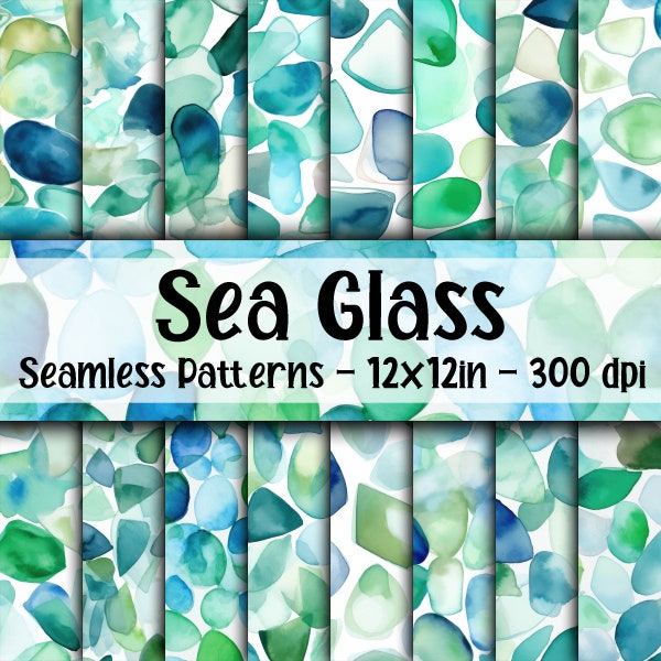 Watercolor Sea Glass SEAMLESS Patterns - Sea Glass Digital Paper - 16 Designs - 12x12in - Commercial Use - Sea Glass Patterns