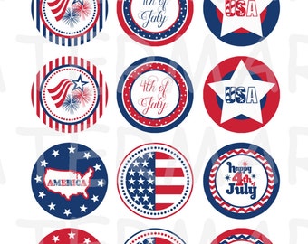 Red, White & Blue Patriotic Theme - 4 x 6 Digital Collage Sheet  - 1 inch Round Circles - INSTANT DOWNLOAD