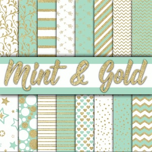 Papel digital Mint and Gold - Texturas e fundos com glitter Mint and Gold - 16 designs - 12 x 12 pol - Uso comercial - DOWNLOAD INSTANTÂNEO