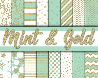 Mint and Gold Digital Paper - Mint and Gold Glitter Textures and Backgrounds -  16 Designs - 12x12in - Commercial Use -  INSTANT DOWNLOAD