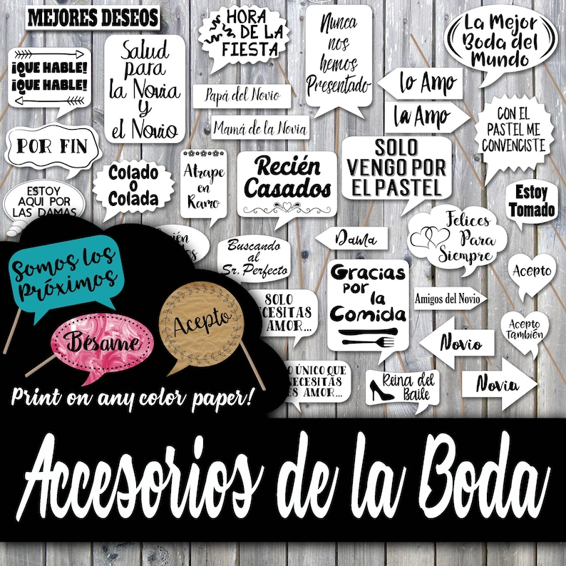 Letreros y decoraciones para fotomatón de bodas en español Accesorios de la Boda en Español Más de 50 imágenes Imprima en cualquier papel de color imagen 1