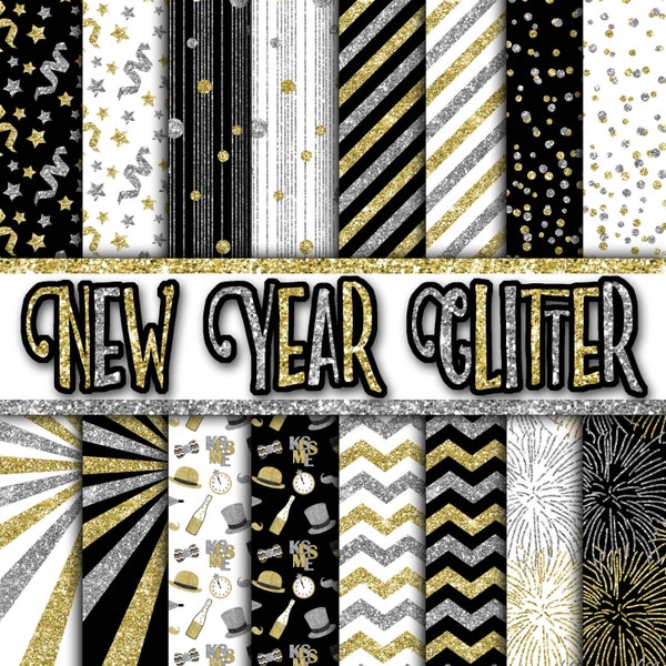 New Years Glitter Digital Paper - New Years Eve Backgrounds - Gold and Silver Glitter Papers - 16 Designs - 12in x 12in - Instant Download