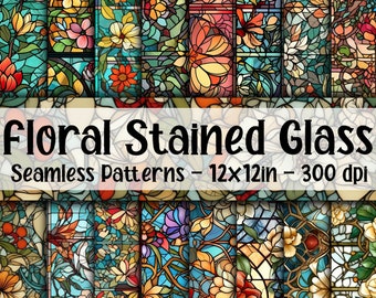 Floral Stained Glass Seamless Patterns - Stained Glass Digital Paper - 16 Designs - 12x12in - Commercial Use - Stained Glass Panes