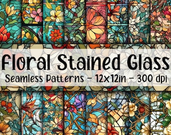 Sömlösa blommönster i målat glas - Digitalt papper med målat glas - 16 designer - 30 x 30 cm - Kommersiellt bruk - Glasrutor