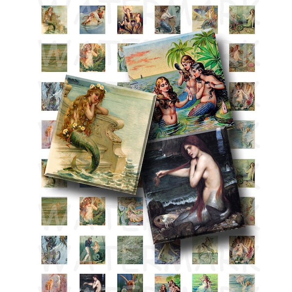 Vintage Mermaid Art - Digital Collage Sheet   - .75 x .83 Scrabble Size - INSTANT DOWNLOAD