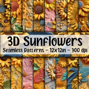 Girassóis 3D - Padrões de flores 3D sem costura - 16 designs - 12 x 12 pol - Uso comercial - Sublimação de flores 3D