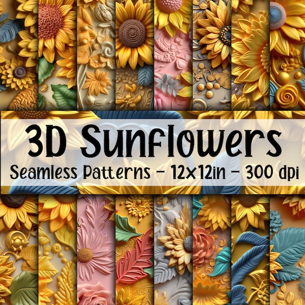 3d Sunflowers - 3d Flower Seamless Patterns - 16 Designs - 12x12in - Commercial Use - 3d Flower Sublimation