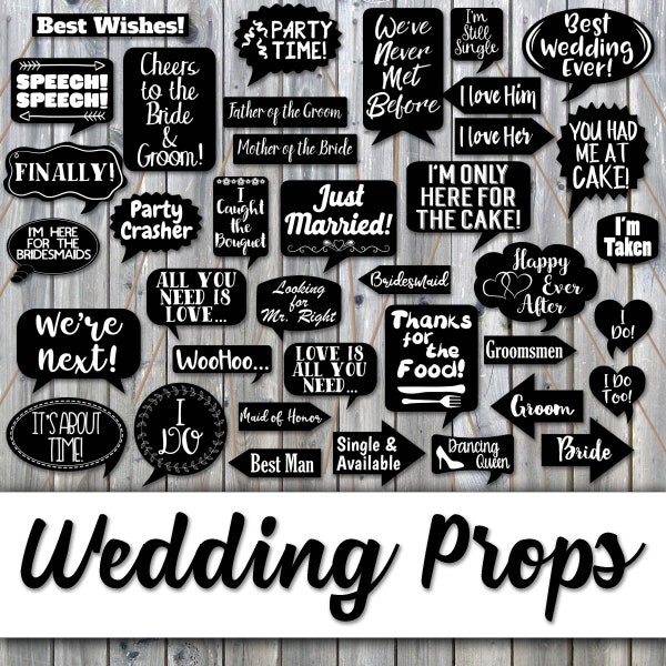 Wedding Photo Booth Prop Signs and Decorations - Black with White Writing Wedding Props - Over 50 Wedding Signs - Printable Digital File