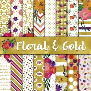 Floral et or papier numérique - aquarelle fleurs et fonds or brillants - 16 dessins - 12x12in - usage Commercial - téléchargement immédiat