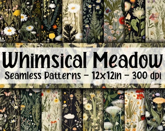 Whimsical Meadow SEAMLESS Patterns - Wildflowers Digital Paper - 16 Designs - 12x12in - Commercial Use - Whimsical Wildflower patterns